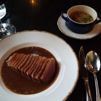Pasjoli - Roasted Duck Breast in sauce Rouennaise à la Presse, Cassoulet of Braised Tarbais Beans with Lardons - French Near Me - Santa Monica, California Pasjoli - Roasted Duck Breast in sauce Rouennaise à la Presse, Cassoulet of Braised Tarbais Beans with Lardons - French Near Me - Santa Monica, California