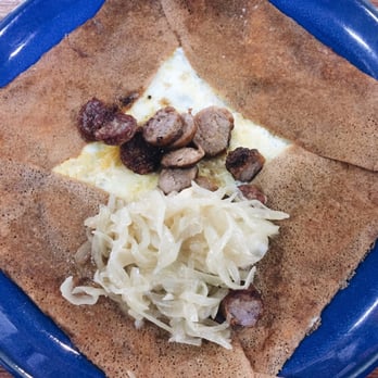 La Lorientaise Crêperie - Sausage and onion crepe. I had my egg scrambled but you can get it sunny side up if you like. - Creperies Near Me - Croydon, SA La Lorientaise Crêperie - Sausage and onion crepe. I had my egg scrambled but you can get it sunny side up if you like. - Creperies Near Me - Croydon, SA