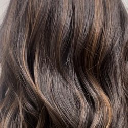 Duet - From a natural soft black to a dimensional chocolate brown with Carmel balayage highlights by Ashley Lecroy