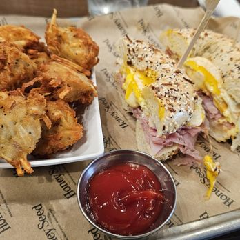 Honey Seed - Ham egg and cheese everything bagel with side of tater tots - Bagels Near Me - Chattanooga, Tennessee