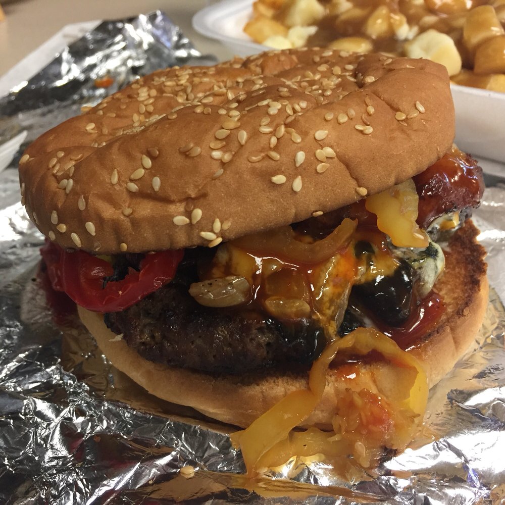 OBQ Burger - Smokey Blues - bacon blue cheese fried onions bbq sauce - added peppers - Burgers Near Me - Toronto, Ontario OBQ Burger - Smokey Blues - bacon blue cheese fried onions bbq sauce - added peppers - Burgers Near Me - Toronto, Ontario