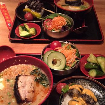 RAMEN-SAN - Express Lunches (both with tonkotsu, one with mushroom tempura & one with skirt steak) - Ramen Near Me - Chicago, Illinois RAMEN-SAN - Express Lunches (both with tonkotsu, one with mushroom tempura & one with skirt steak) - Ramen Near Me - Chicago, Illinois