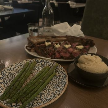 The Goldfinch - Tomahawk with Grilled Asparagus and Mashed Potatoes - New American Near Me - Irvine, California