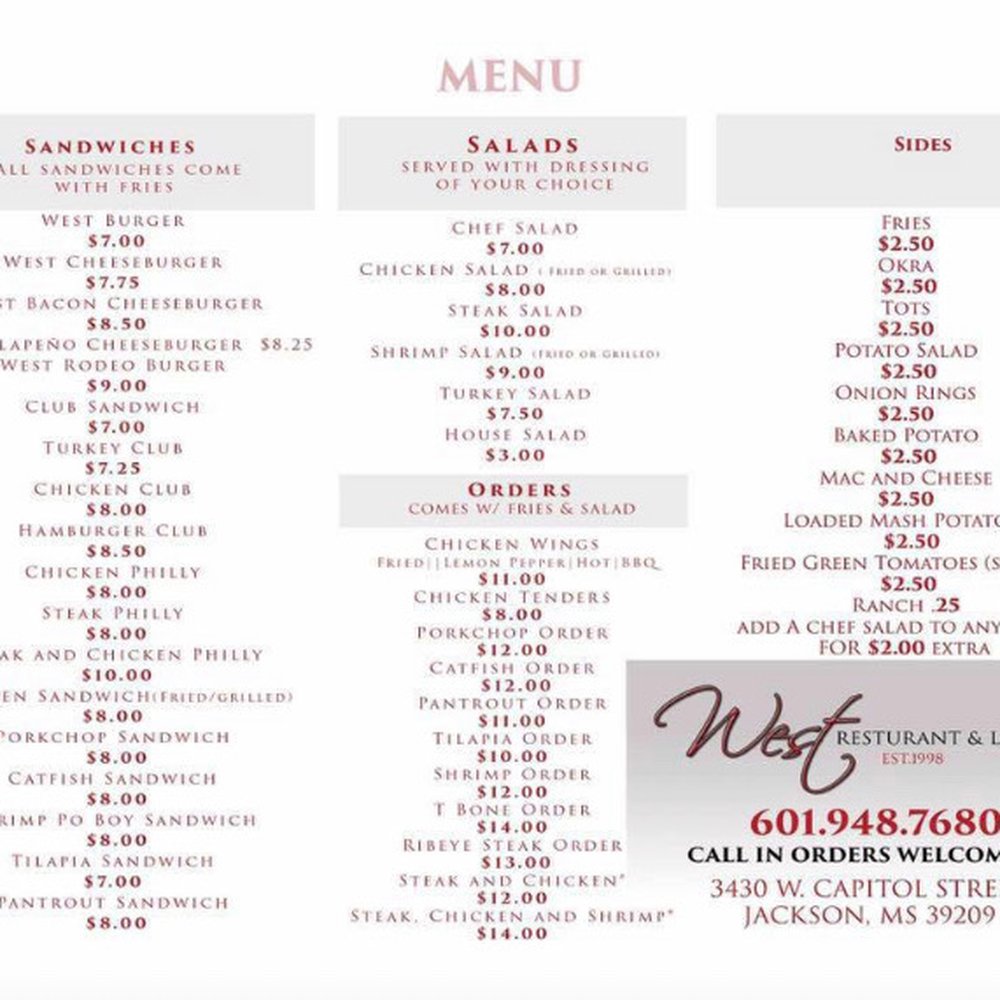 West Restaurant & Lounge - Menu - New American Near Me - Jackson, Mississippi West Restaurant & Lounge - Menu - New American Near Me - Jackson, Mississippi