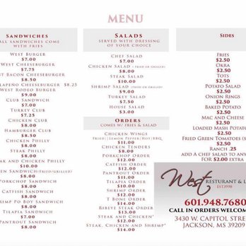 West Restaurant & Lounge - Menu - New American Near Me - Jackson, Mississippi West Restaurant & Lounge - Menu - New American Near Me - Jackson, Mississippi