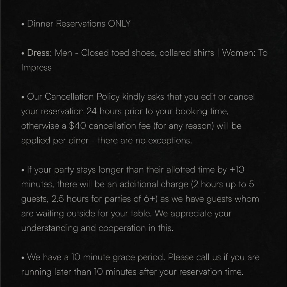 Rules and policies that this restaurant has for their diners to follow. The no-hat policy has never been mentioned. Rules and policies that this restaurant has for their diners to follow. The no-hat policy has never been mentioned.