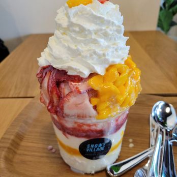 Snowy Village - Large Mango & Strawberry split - Shaved Ice Near Me - Seattle, Washington Snowy Village - Large Mango & Strawberry split - Shaved Ice Near Me - Seattle, Washington