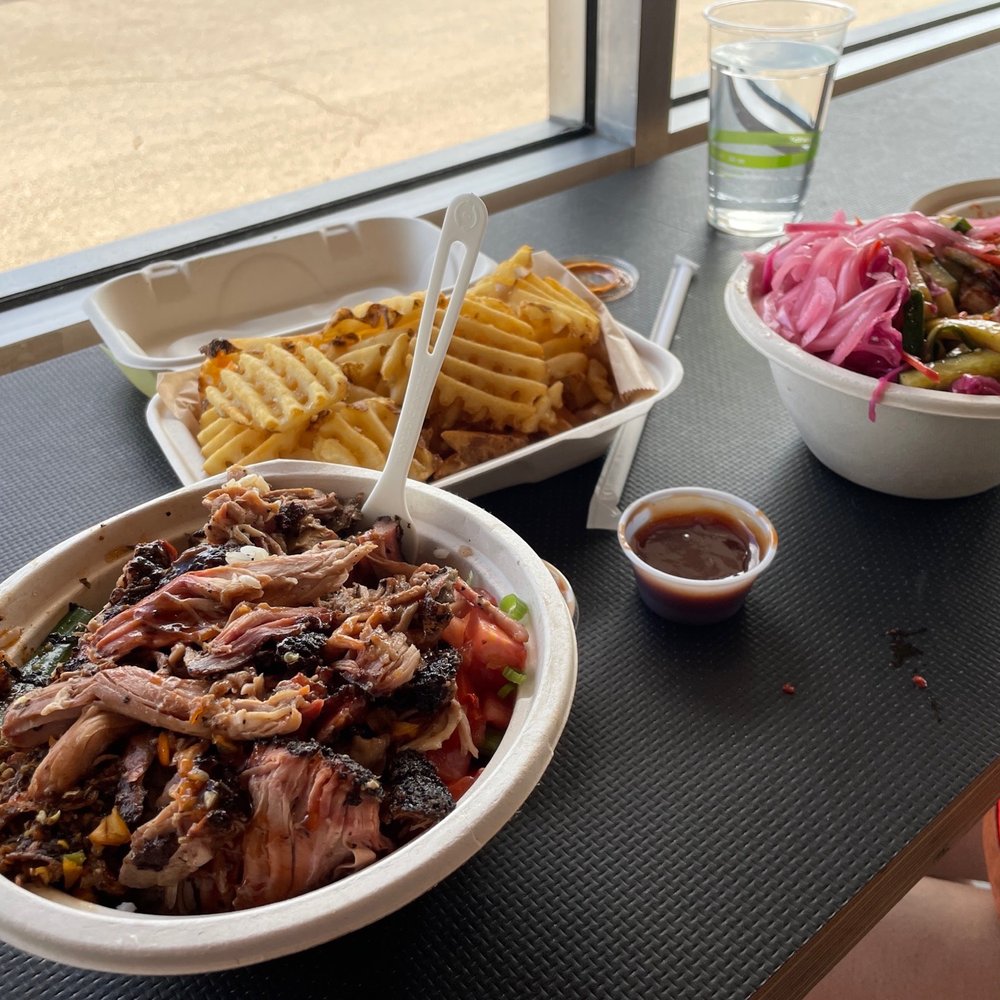 Ricewood - Pulled pork rice bowl, waffle fries, veggie rice bowl. - Barbeque Near Me - Ann Arbor, Michigan Ricewood - Pulled pork rice bowl, waffle fries, veggie rice bowl. - Barbeque Near Me - Ann Arbor, Michigan