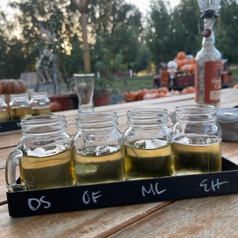 Sierra Cider - The four ciders from our taste test:  DS: Dry Summer OF: Old Fashioned  ML: Mother Lode EH: Early Harvest - Cideries Near Me - Mariposa, California
