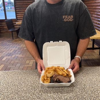 Controlled Chaos - Brisket platter with onion rings and hand cut fries - Barbeque Near Me - Toccoa, Georgia Controlled Chaos - Brisket platter with onion rings and hand cut fries - Barbeque Near Me - Toccoa, Georgia