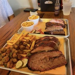 Platter- brisket and ribs Sides- corn, mac n cheese, fried okra, fries Platter- brisket and ribs Sides- corn, mac n cheese, fried okra, fries