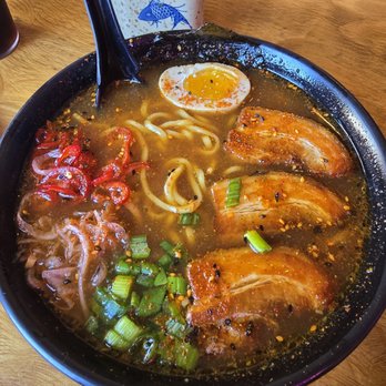 Chōwa Bowl - Rock Shoyu Ramen - Pork, chicken/Dashi broth, pork belly, green onion, pickled fresno & shallot, duck fat, ajitama egg, togarashi, nori. - Ramen Near Me - Morro Bay, California Chōwa Bowl - Rock Shoyu Ramen - Pork, chicken/Dashi broth, pork belly, green onion, pickled fresno & shallot, duck fat, ajitama egg, togarashi, nori. - Ramen Near Me - Morro Bay, California