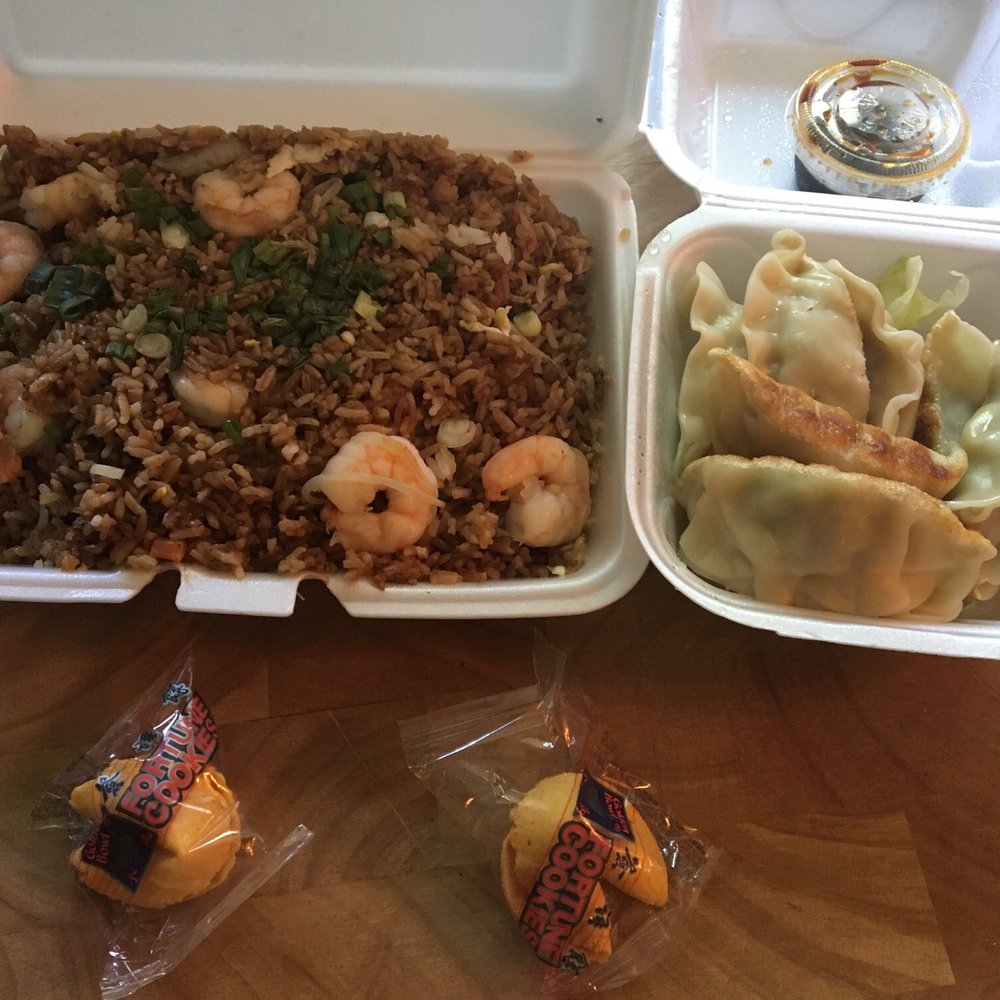 Shrimp fried rice with nice size shrimp. The dumplings were good not great. Shrimp fried rice with nice size shrimp. The dumplings were good not great.