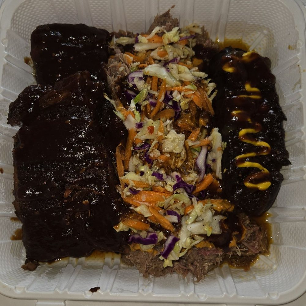My Rib Joint - Sampler: ribs, pulled pork with slaw, and sausage link with bbq/mustard - Food Trucks Near Me - Vancouver, Washington My Rib Joint - Sampler: ribs, pulled pork with slaw, and sausage link with bbq/mustard - Food Trucks Near Me - Vancouver, Washington