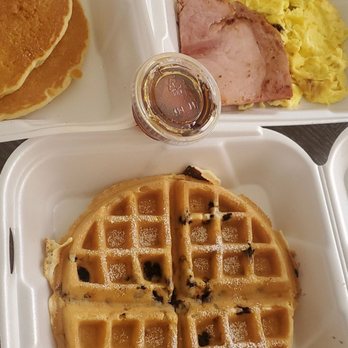 The Crowned Egg - Buttermilk Pancake Meal, with scrambled eggs and a ham steak, and a Blueberry waffle. - Breakfast & Brunch Near Me - Gilbert, Arizona The Crowned Egg - Buttermilk Pancake Meal, with scrambled eggs and a ham steak, and a Blueberry waffle. - Breakfast & Brunch Near Me - Gilbert, Arizona
