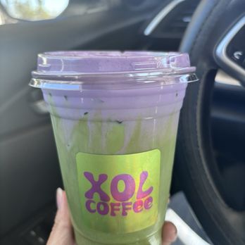 Xol Coffee - Witch's brew (ube foam) with classic iced matcha - Coffee & Tea Near Me - Fontana, California Xol Coffee - Witch's brew (ube foam) with classic iced matcha - Coffee & Tea Near Me - Fontana, California