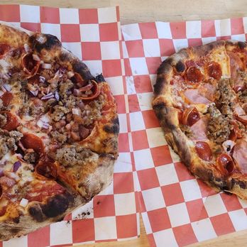 Cinders Wood Fired Pizza - All meat with onions and a build your own - Pizza Near Me - Anderson, California Cinders Wood Fired Pizza - All meat with onions and a build your own - Pizza Near Me - Anderson, California