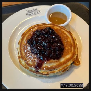 Clinton St. Baking Company - Pancakes with maple butter and blueberry topping ($15) - Breakfast & Brunch Near Me - Brooklyn, New York