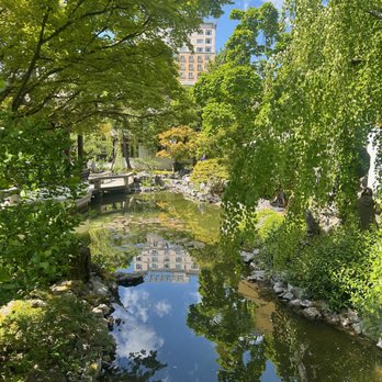 Lan Su Chinese Garden - Pond View with City Backdrop - Botanical Gardens Near Me - Portland, Oregon Lan Su Chinese Garden - Pond View with City Backdrop - Botanical Gardens Near Me - Portland, Oregon