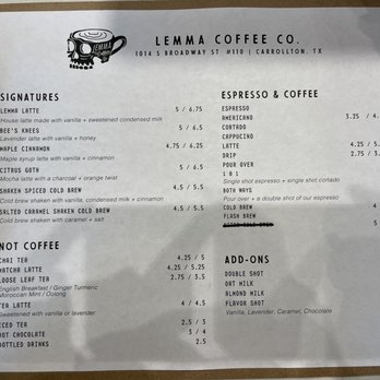 Lemma Coffee Co - Menu as of April 2021 - Coffee & Tea Near Me - Carrollton, Texas