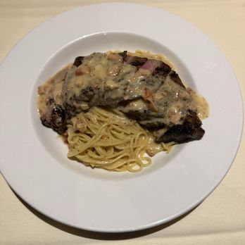 Bella Restaurant - Prime sirloin over carbonara special - Italian Near Me - Glendale, Rhode Island