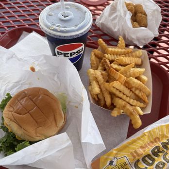 Sno-White Drive In - Single cheeseburger combo, tater tots, corn dog - Burgers Near Me - Modesto, California Sno-White Drive In - Single cheeseburger combo, tater tots, corn dog - Burgers Near Me - Modesto, California