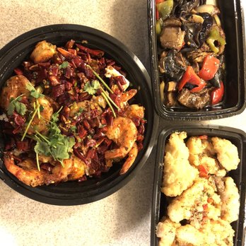 Grandma's Kitchen - shrimp with crispy rice crackers (left), braised lamb ribs (upper right), and salt and pepper fish fillets (lower right) - Chinese Near Me - Cupertino, California