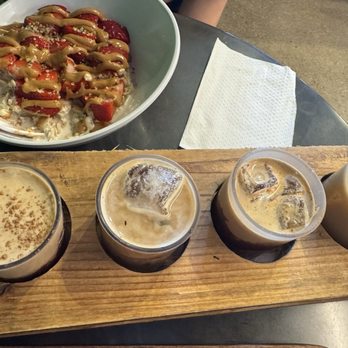 Founders Coffee - Coffee flight W/ the Hula Girl, Tiramisu, Churro and Butterbrew iced lattes (left to right). All delicious, my fave was the Hula Girl. - Coffee & Tea Near Me - Las Vegas, Nevada