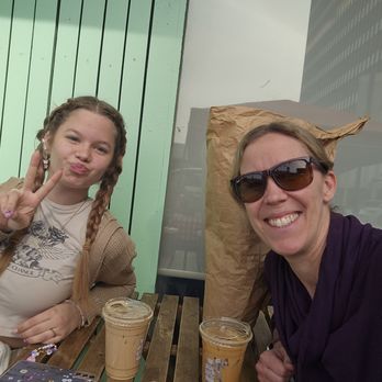 Mad Lab Coffee - Mocha on left and Dolly on right - sitting at cute cafe table on the sidewalk. - Coffee & Tea Near Me - Los Angeles, California Mad Lab Coffee - Mocha on left and Dolly on right - sitting at cute cafe table on the sidewalk. - Coffee & Tea Near Me - Los Angeles, California