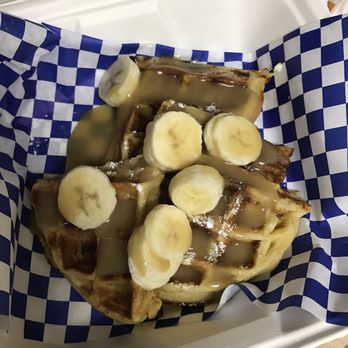Basecamp Dinette - Buttermilk waffles with banana and caramel sauce (to go) INCREDIBLE! - Coffee & Tea Near Me - Burbank, California
