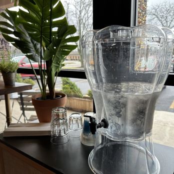Socialite Cafe - A transparent water dispenser filled with water and condensation on its surface is placed on a table inside a cafe. Next to it are several upside-down glasses and a small container, with a large potted plant nearby. The cafe has a window showing an outdoor scene with trees and parked cars, and the interior features wooden furniture and decor. - Coffee & Tea Near Me - Kettering, Ohio