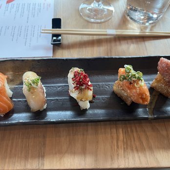 OKO Kitchen - From left to right - salmon nigiri, hamachi, smoked cod, spicy salmon crispy, spicy tuna crispy - Sushi Bars Near Me - Westport, Connecticut OKO Kitchen - From left to right - salmon nigiri, hamachi, smoked cod, spicy salmon crispy, spicy tuna crispy - Sushi Bars Near Me - Westport, Connecticut