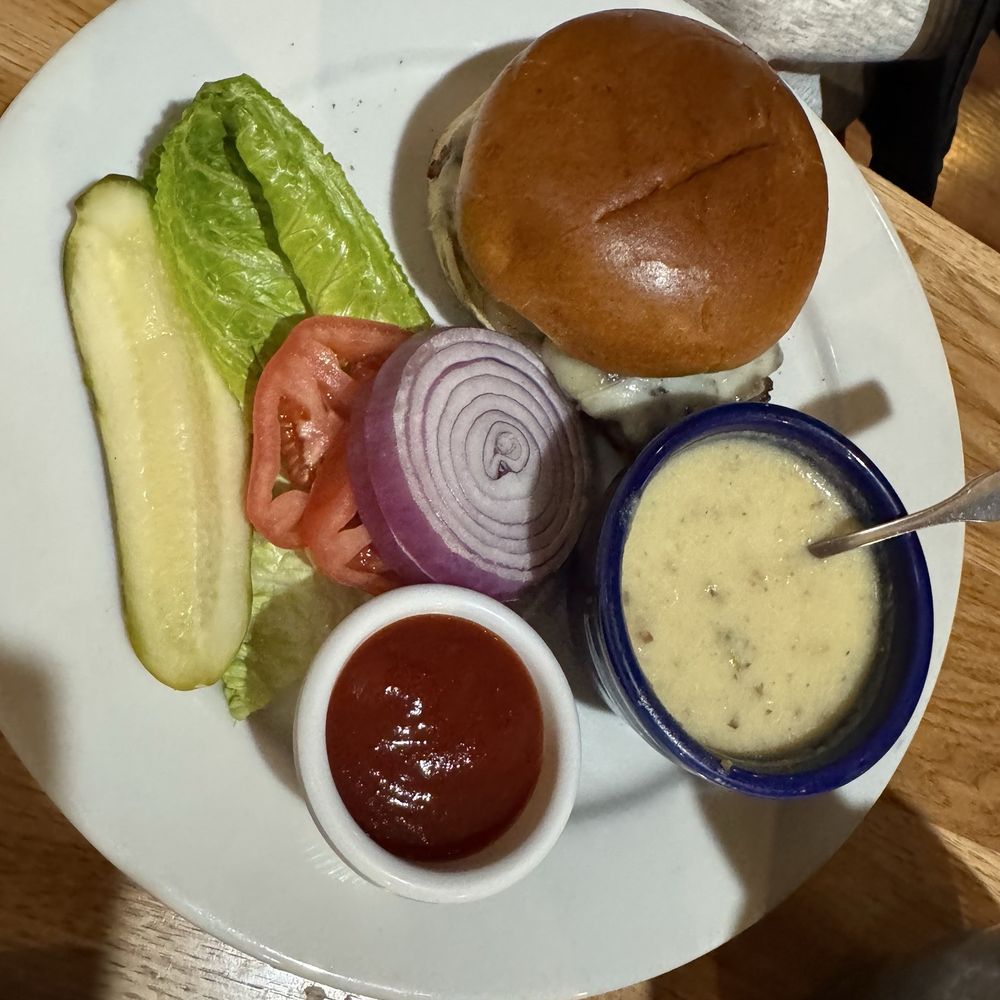 Bison Burger w cup of loaded baked potato soup