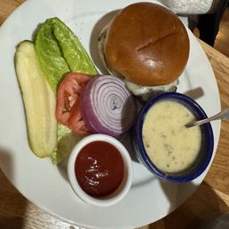 Bison Burger w cup of loaded baked potato soup