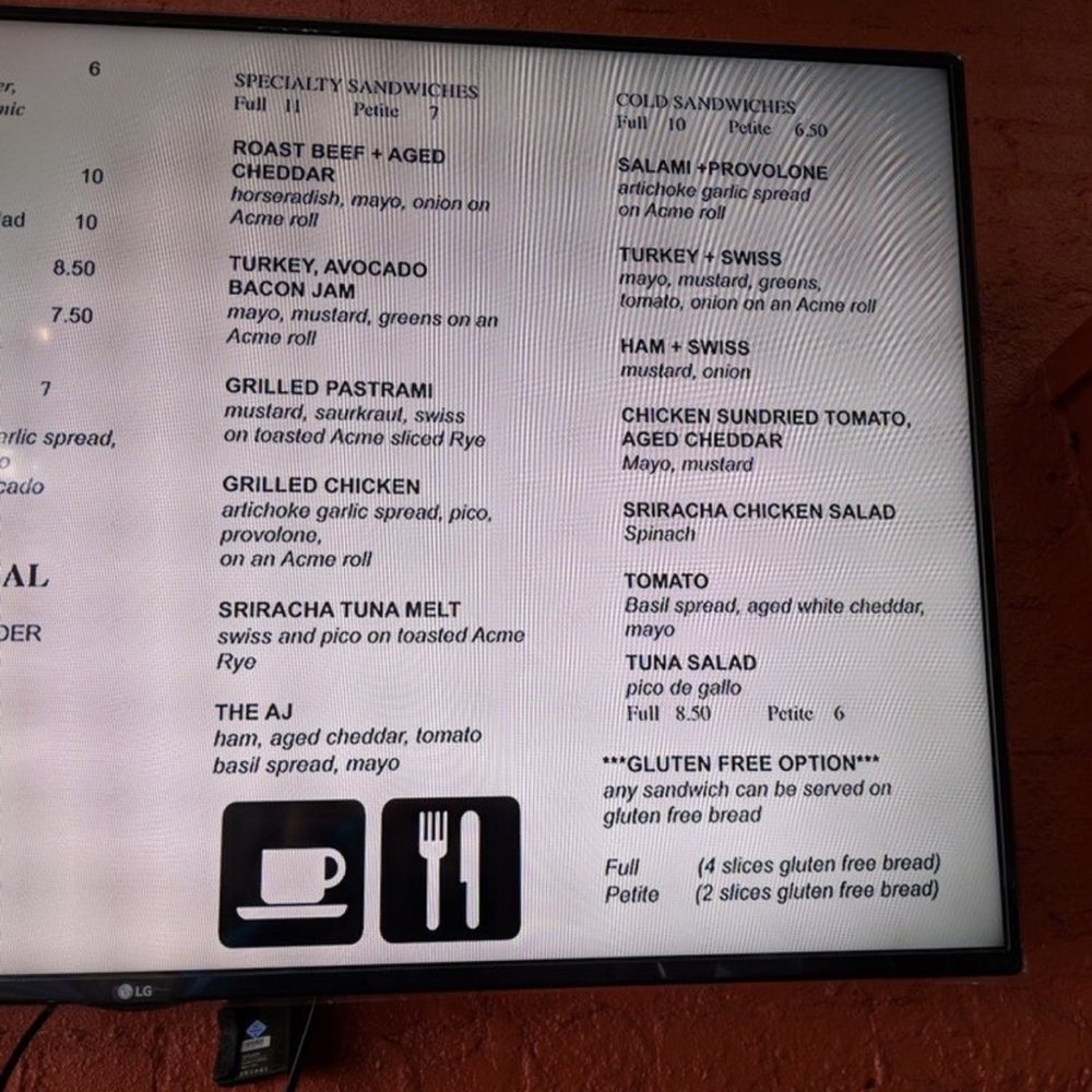 Menu showing gluten free bread options Menu showing gluten free bread options