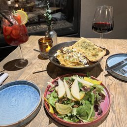 Resto - pear salad, pasta, red sangria, wine Resto - pear salad, pasta, red sangria, wine