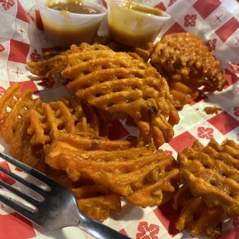 50 Taters - Sweet waffle fries with caramel dipping sauce - Barbeque Near Me - Scottsboro, Alabama 50 Taters - Sweet waffle fries with caramel dipping sauce - Barbeque Near Me - Scottsboro, Alabama