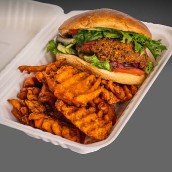 Hummus Republic - Earth burger (veg burger ) with side of sweet potato fries - Mediterranean Near Me - Edison, New Jersey