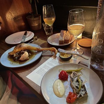 Warm House Bread, Cultured Butter, sea bass, chicken