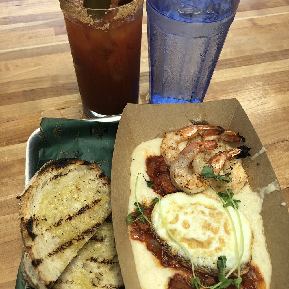 Easy Tiger - Shrimp and grits with a yummy Bloody Mary! - Beer Gardens Near Me - Austin, Texas Easy Tiger - Shrimp and grits with a yummy Bloody Mary! - Beer Gardens Near Me - Austin, Texas