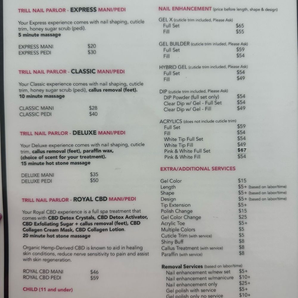 Trill Nail Parlor - Pricing sheet - Nail Salons Near Me - Bellflower, California Trill Nail Parlor - Pricing sheet - Nail Salons Near Me - Bellflower, California