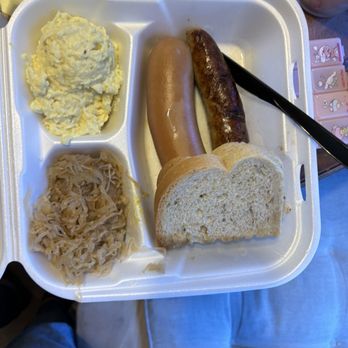Continental Deli - Half knockwurst and half a bratwurst with bread potato salad and sauerkraut - Delis Near Me - La Habra, California