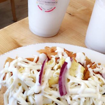 Healthy Substance - Chilaquiles con huevo and horchata - Vegan Near Me - Chicago, Illinois