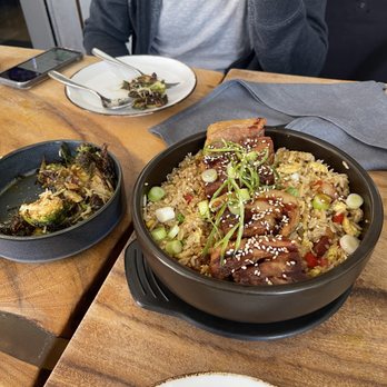 Limón - Crispy Pork Belly Chaufa with roasted brussel sprouts, ginger miso glaze, parmesan cheese. - Peruvian Near Me - Walnut Creek, California Limón - Crispy Pork Belly Chaufa with roasted brussel sprouts, ginger miso glaze, parmesan cheese. - Peruvian Near Me - Walnut Creek, California