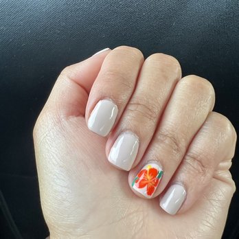 I Love Nails - Color: "Pearl pink" with orange flower design by Helen - Nail Salons Near Me - San Diego, California