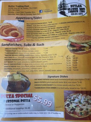 Menu photo 1 Butler Trading Post Butler, TN Menu photo 1 Butler Trading Post Butler, TN