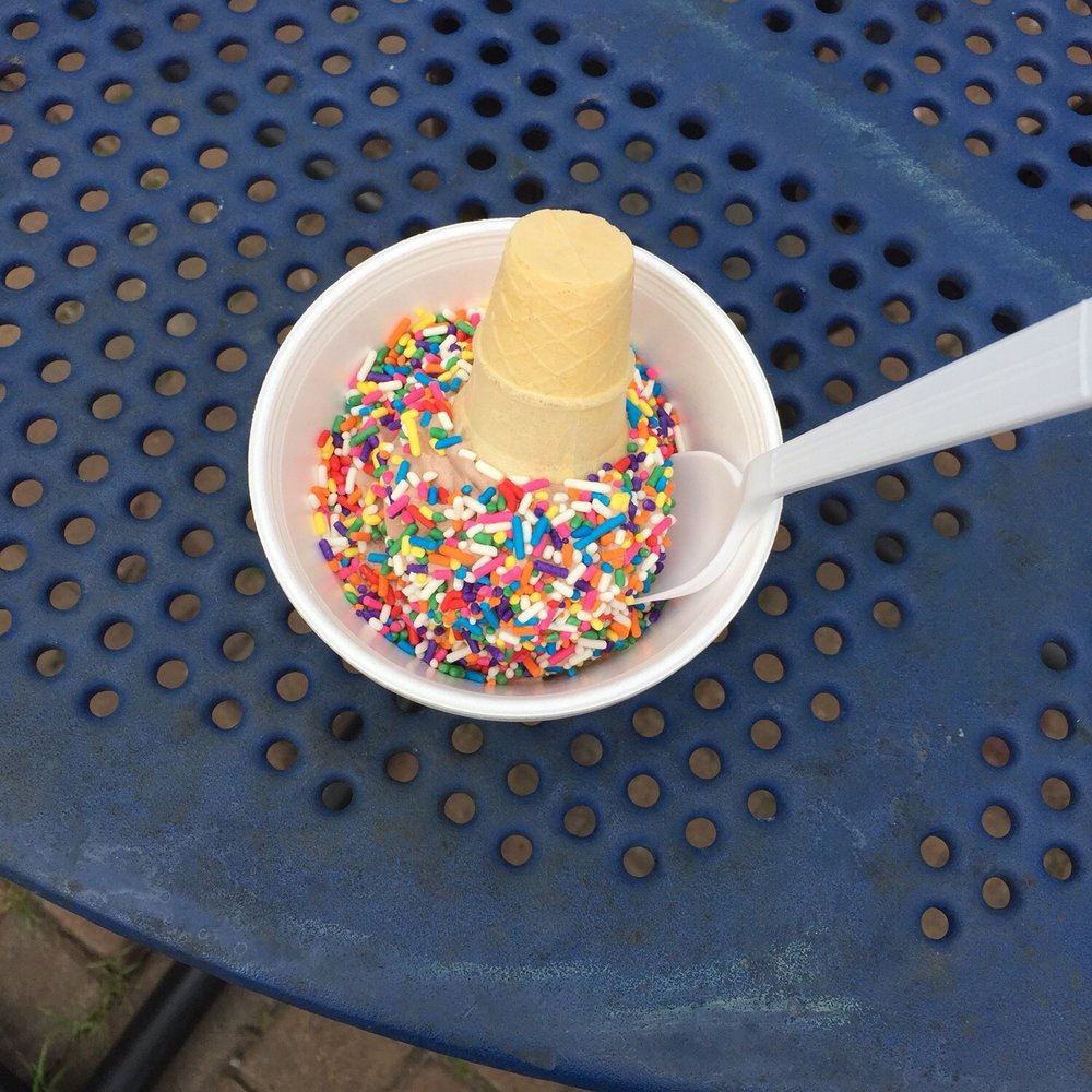 Mr Frostee - Chocolate with rainbow sprinkles in a dish with a baby cone - Ice Cream & Frozen Yogurt Near Me - Clark Mills, New York Mr Frostee - Chocolate with rainbow sprinkles in a dish with a baby cone - Ice Cream & Frozen Yogurt Near Me - Clark Mills, New York