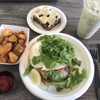 Butter Cafe & Bakery - green eggs and ham with potatoes, smores bar and a large ice matcha honey latte - Breakfast & Brunch Near Me - Upland, California Butter Cafe & Bakery - green eggs and ham with potatoes, smores bar and a large ice matcha honey latte - Breakfast & Brunch Near Me - Upland, California