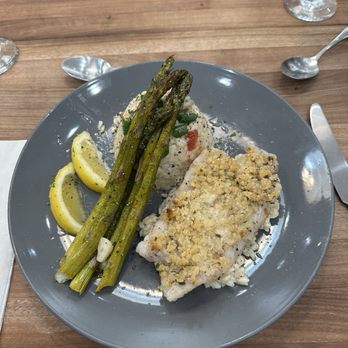 JAX Cooking Studio - Pan seared grouper with horseradish panko crust, mushroom and tomato risotto, and roasted asparagus - Cooking Classes Near Me - Jacksonville, Florida