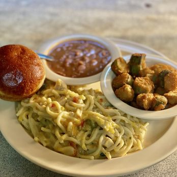 Mabank Cafe - One of our lunch specials: chicken spaghetti with two sides and a roll for $8.95 These sizes are pinto beans and fried okra. - American Near Me - Mabank, Texas